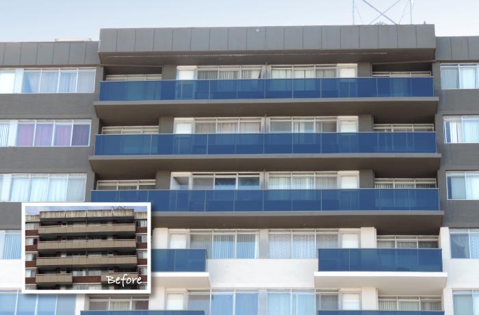 Upper floors of an apartment building with new blue glass balcony guards; inset shows the earlier solid balcony fronts