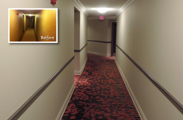 Renovated residential corridor with new patterned carpet, wall finishes and lighting; inset shows the dim corridor before the work