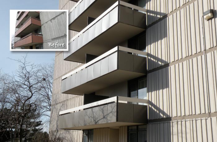 Close view of restored apartment balconies with new dark panel guards against ribbed cladding; inset shows the worn balconies before the work