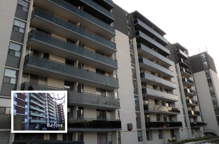High-rise apartment elevation with rows of new balcony guards; inset shows the balconies before replacement